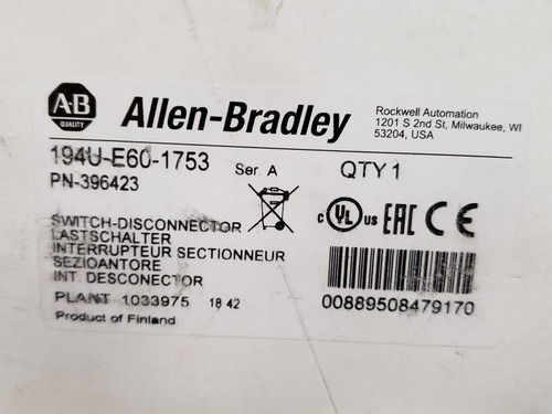 Allen Bradley 194u-e60-1753 Disconnect Switch 60a 3 Pole Bbd