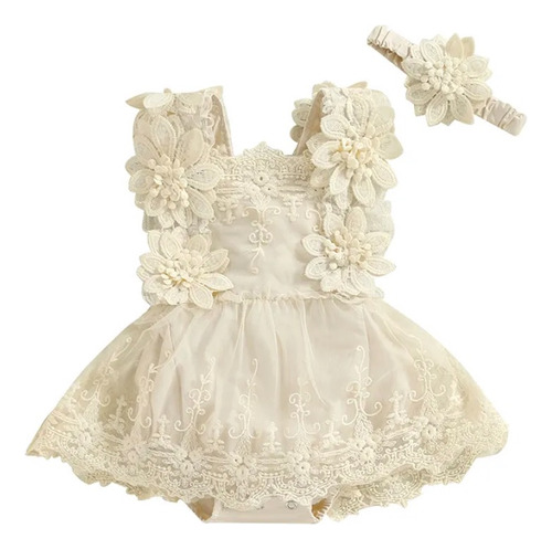 Vestido Romper Pañalero  Encaje + Listón Bebe Niña Bautizo