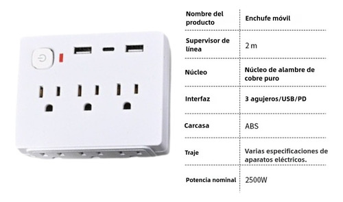 Multicontacto Usb Regleta 2 Puertos De Carga Usb 1 Tipo-c