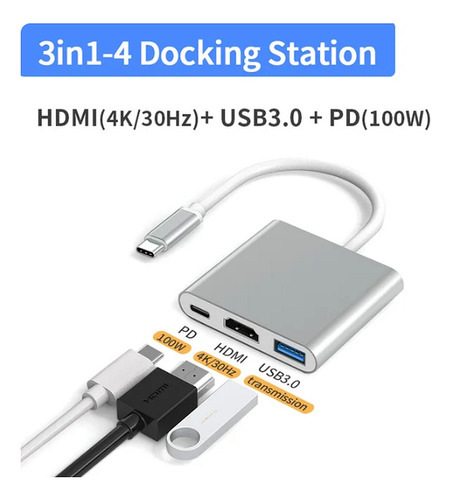 Adaptador Usb Tipo C De 100w - 3 En 1 - Hdmi 4k, Usb 3.0 