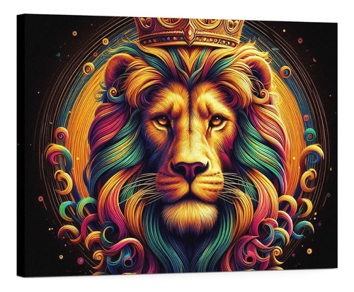 Cuadro Abstracto León Con Corona Canvas Decorativo 105x70