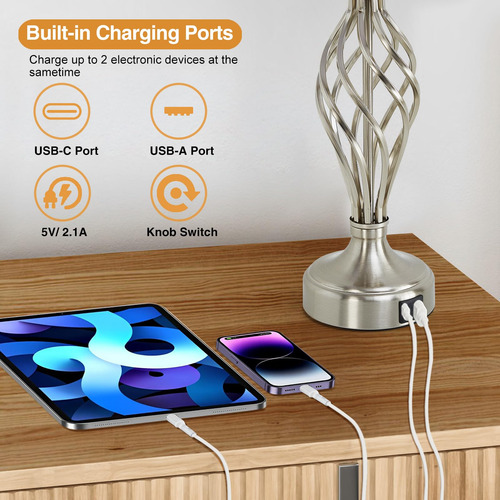 Juego De 2 Lámparas Modernas De Mesa Con Puertos Usb