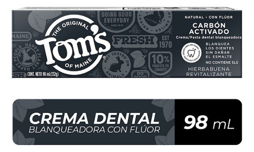 Pasta Dental Tom's Of Maine Carbón Activado Con Flúor 98ml