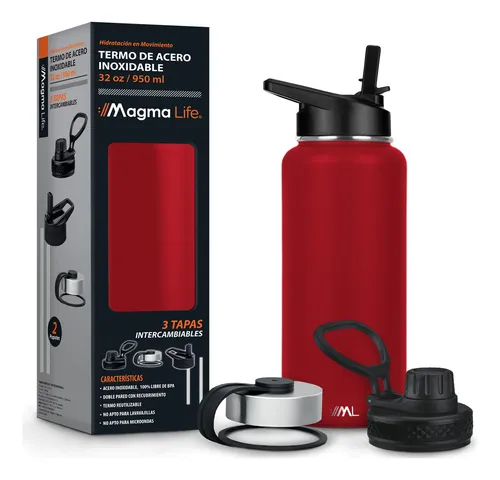 Magma Life Termo para Café y Agua de Acero Inoxidable 32 Oz (950 ml): Contiene 3 Tapas para Diferentes tipos de Bebidas, Ideal para Mantener la Temperatura Deseada (Rojo)