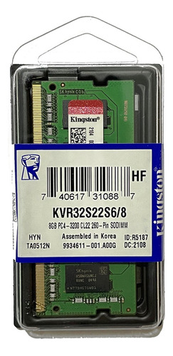 So-dimm Ram Laptop Kingston 8gb 1rx8 1g 64bit Pc4-3200 Cl22