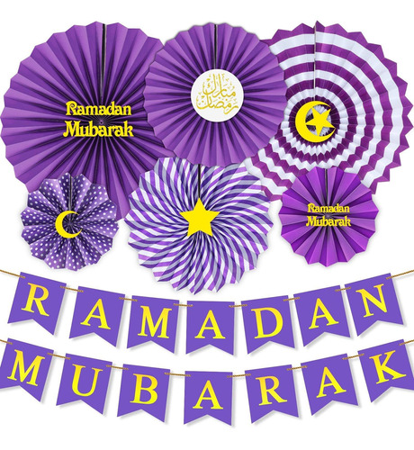 7 Pieza Ramadan Banner Mubarak Decoracion Abanico Papel Para