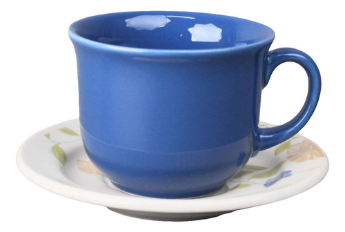 Set De 4 Tazas Y Platos De Cerámica 200 Ml Decorada Florata Color Azul Azul Perfeito