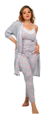 Pijama Para Mujer De 3 Piezas Bata + Pantalon + Blusa 9402