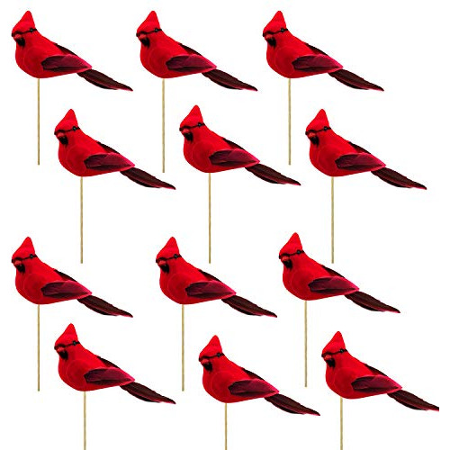 12 Paquetes De Pájaros Cardenales Rojos Artificiales U...