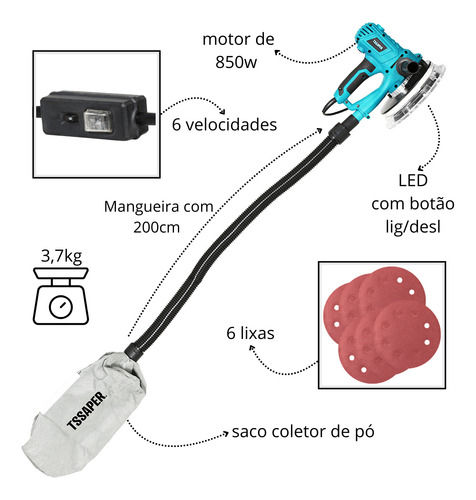 Lixadeira De Parede 850w Para Massa Corrida Com Led