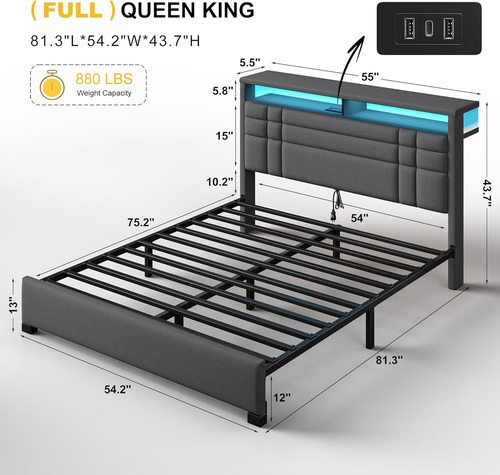 Base De Cama Matromial Con Estacion De Carga Y Luz Led Gris Gris