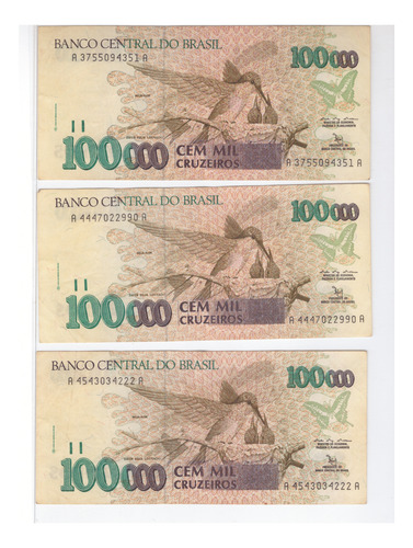 C-227 - 3 Cédulas De 100.000 Cruzeiros - Soberbas (Usado)