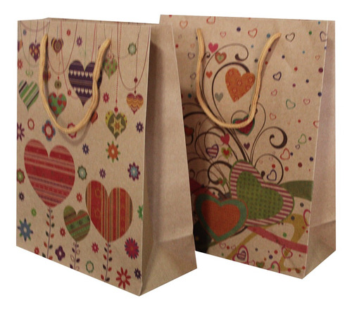 Imagem 2 de 3 de Sacolas Para Presentes Decoradas Kraft Corações Amor Com 12