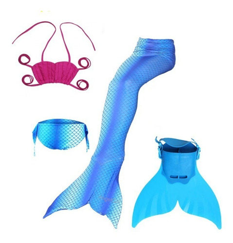 Imagem 1 de 8 de Biquíni Infantil Ariel Cauda Sereia Nadadeira Monofin Azul