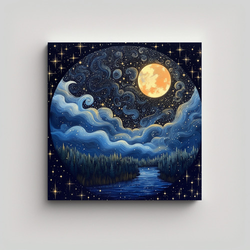 80x80cm Cuadro Decorativo Cielo Noche Luna Estrellas Flores