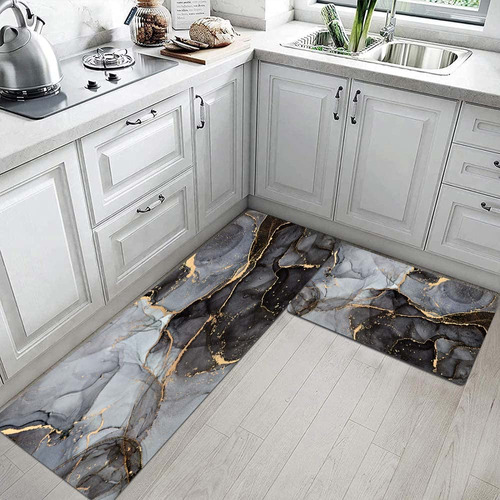 Bisead Juego 2 Alfombra Tapete Cocina Marmol Negro Gris Pvc