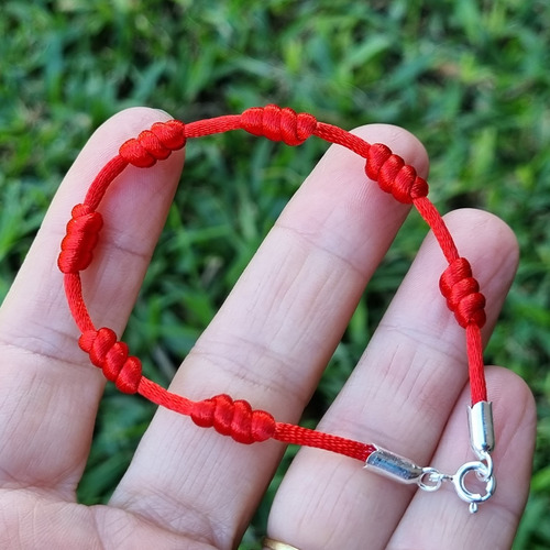 Pulsera Plata 7 Nudos Hilo Seda Rojo Suerte Proteccion