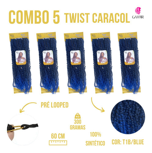 Combo 5 Cabelos Twist Praia Caracol P/crochet 60cm Atacado Cor Preto Com Californiana Azul T1B-BLUE