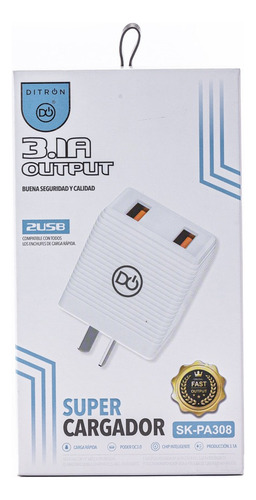 Cargador Ditron Carga Rapida 3.1a Celular Doble Usb Pa308 Color Blanco