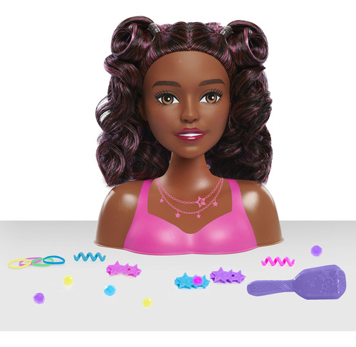 Cabeça de penteado pequena de Barbie, cabelo castanho escuro