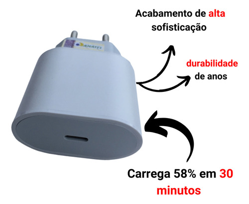 Fonte Usb C 20w Turbo Com Cabo Para iPhone 7 8 11 12 13 Cor Branco