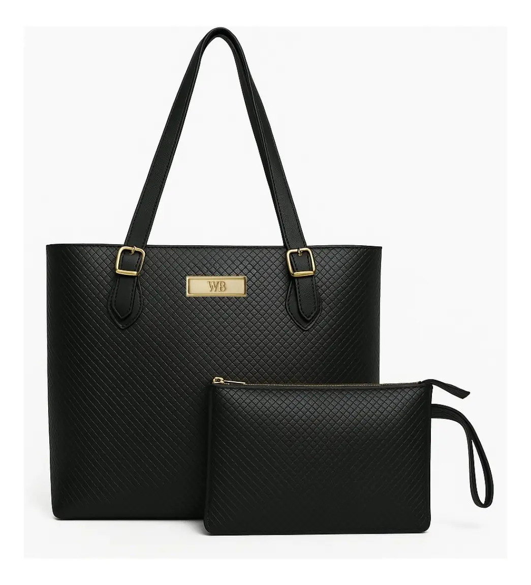 Kit Bolsa Tipo Sacola Grande Com Carteira Feminina Cor Preta Desenho Do Tecido Trançado Willibags