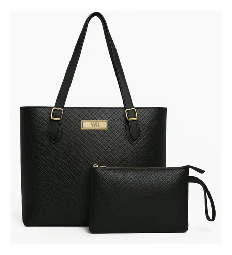 Kit Bolsa Tipo Sacola Grande Com Carteira Feminina Cor Preta Desenho Do Tecido Trançado Willibags