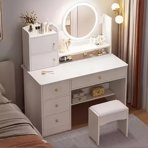 Tocador De Dormitorio Con Espejo De Maquillaje Y 6 Cajones Gris