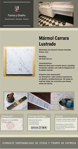 Mármol Carrara Lustrado 30.5x30.5, Marmeta - Forma Y Diseño