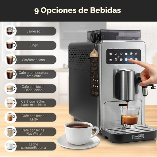 SANGKEE Máquina de café Espresso superautomática - 9 bebidas, Café Helado Totalmente Automático de Grano a Taza, Café Café Café Helado y Café con Leche Molino Integrado Y espumador de leche