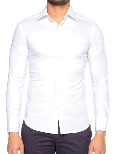 Camisa Los Caballeros Manga Larga Blanca Con Spandex Slim 