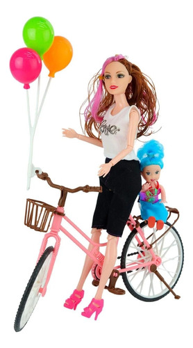 Boneca Ciclista Com Acessórios C Filha E Balões