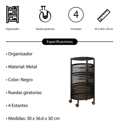 Imagen 4 de 5 de Organizador De Metal, 4 Estantes (2 Giratorios), Con Ruedas,