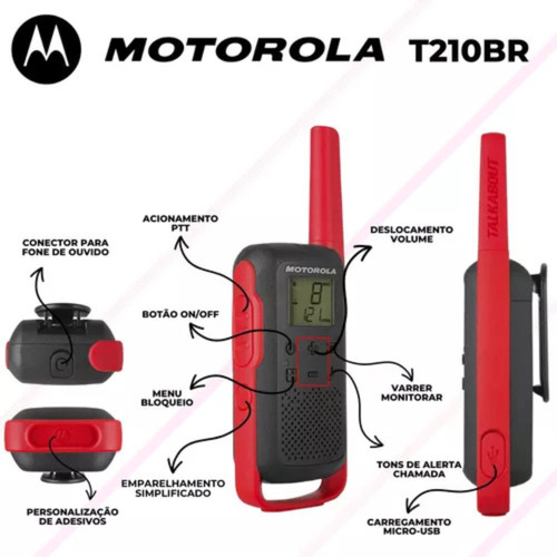 Rádio Comunicador Talkabout Motorola T210BR Alcance Até 32km UHF Cor Vermelho e Preto