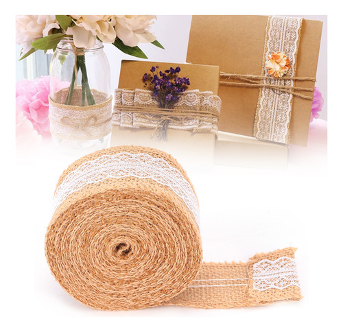 Rollo De Yute Natural Blanco Con Cinta De Encaje Para Bricol