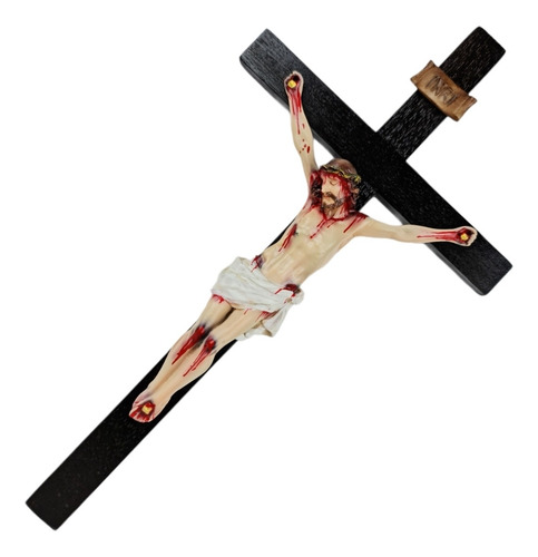 Imagem 2 de 4 de Crucifixo Tradicional 30cm Madeira Imagem Resina Policromado