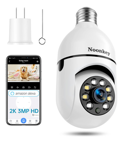 Noonkey Cámara 2k/3mp Wifi Alexa 360 Luz Para Exteriores Ip