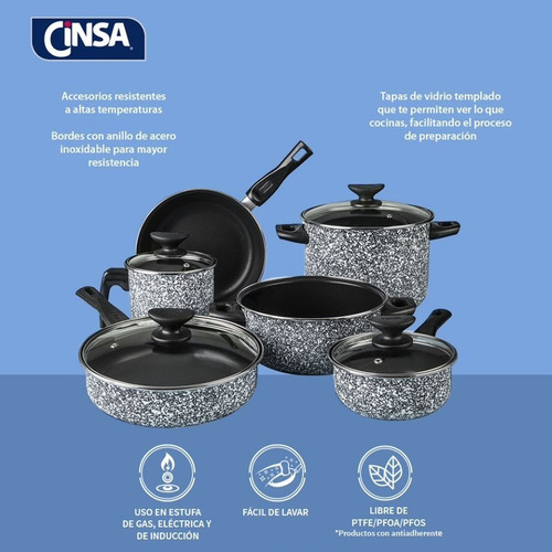 Imagen 4 de 5 de Batería De Cocina 10 Piezas Cinsa Granito Mármol Blanco