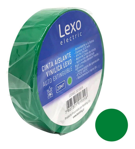 Cinta Aislante Vinilica Lexo Auto Extinguible Verde 20mts