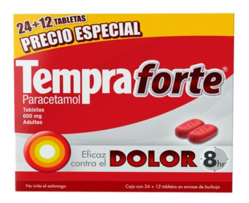 Tempra Forte 650 Mg Paracetamol 24 + 12 Tabletas Promoción