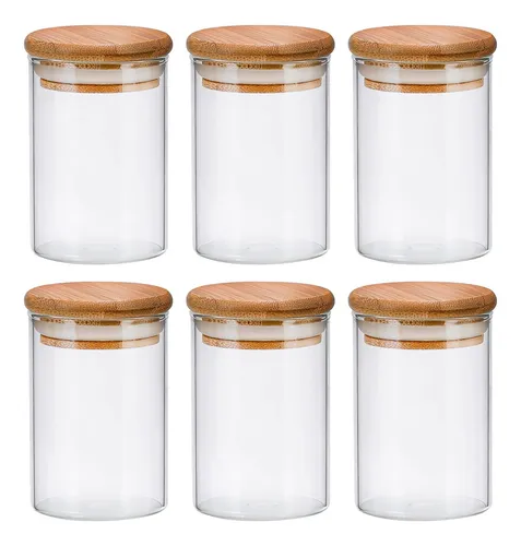 Kit 6 Pote Vidro 300ml Redondo Hermeticos Com Tampa De Bambu Transparente