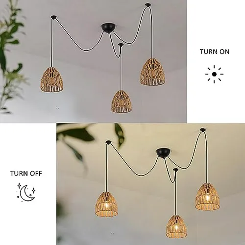 Lámpara Colgante De Bambú 3 Luces, Ratan Tejido, Estilo Rúst