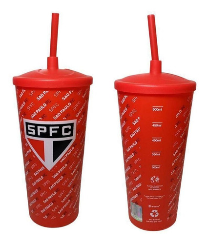 Copo Plastico Com Canudo 500ml Times Futebol - Sao Paulo Fc Cor Vermelho