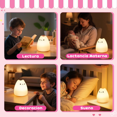 Luz Nocturna Gato Silicona 7 Colours Para Bebé Niño Regalos