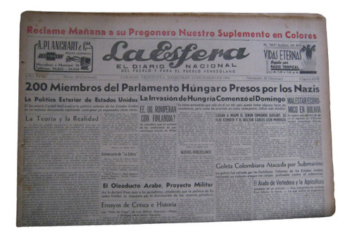Periodico La Esfera Miercoles 22 De Marzo De 1944 Original