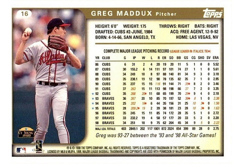 Mlb Greg Maddux - Topps 1999 # 16
