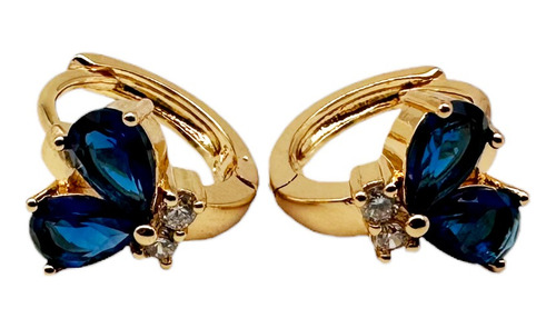 Par De Aretes Baño De Oro 14k Cristal Azul Elegante