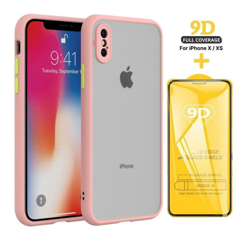 Case Funda Mate Antishock + Mica Para iPhone X / Xs - Rosado