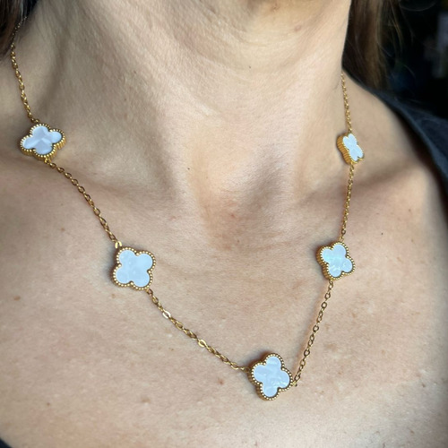 Cadena Collar 5 Treboles 4 Hojas Vc Buena Suerte Baño Oro 18 Dorado Y Blanco