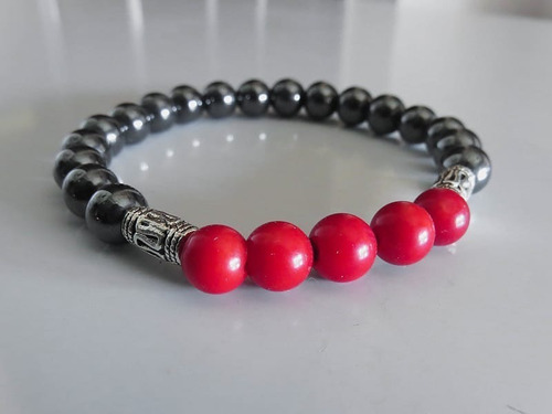 Pulsera Hombre - Coral Rojo Y Hematite 